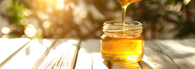 Pouring aromatic honey into jar on white wooden table - obrazy, fototapety, plakaty