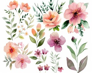 Fototapeta premium Various colorful flowers arranged together on a plain white background