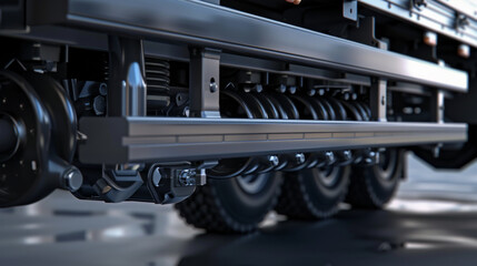 A set of heavy-duty leaf springs, supporting the weight of the truck's rear axle with resilience - obrazy, fototapety, plakaty