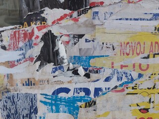 Torn street poster background, abstract old ripped paper collage backdrop