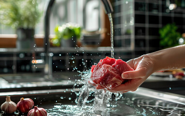 Cleaning raw meat at kitchen faucet,created with Generative AI tecnology.