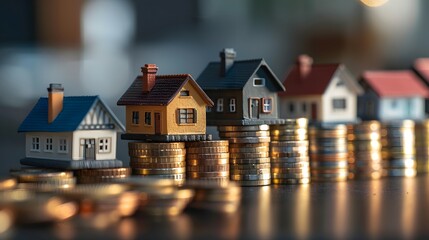 Tiny colorful houses perched atop rising stacks of coins, visually representing property investment and real estate value increase. - obrazy, fototapety, plakaty