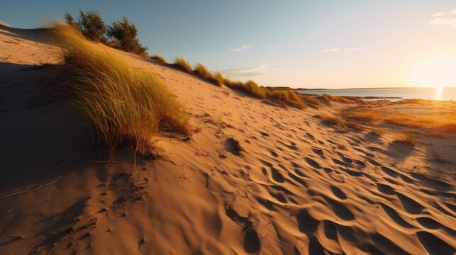 The sand dunes or dyke at Dutch north sea coastline with european marram grass (beach grass) with soft golden sunlight in the evening before the sunset