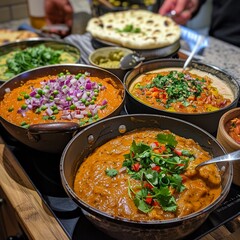 International nurse mastering Moqueca and Tandoori Chicken, in a Mughalinspired kitchen, warpspeed cooking techniques, ending with Dal Makhani low noise - obrazy, fototapety, plakaty