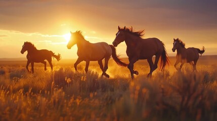 Wild horses running at sunset 