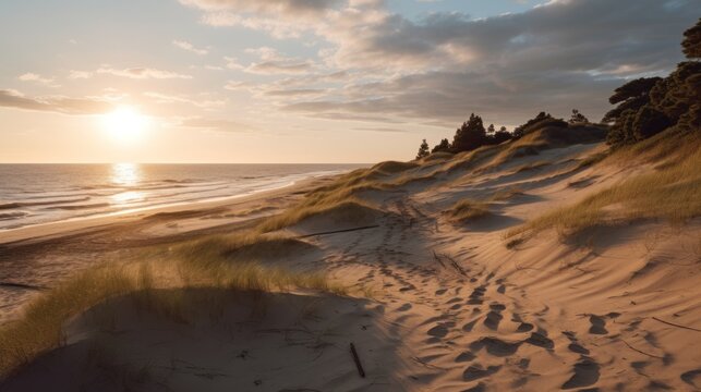 The sand dunes or dyke at Dutch north sea coastline with european marram grass (beach grass) with soft golden sunlight in the evening before the sunset © Zie
