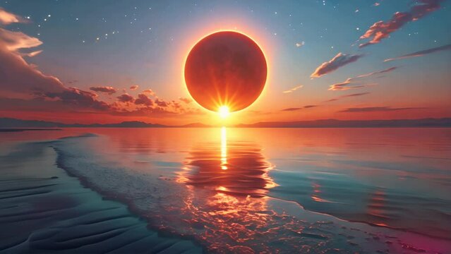 Captivating Texas desert eclipse: Moon veiling the sun, serene lake, celestial harmony.generative ai