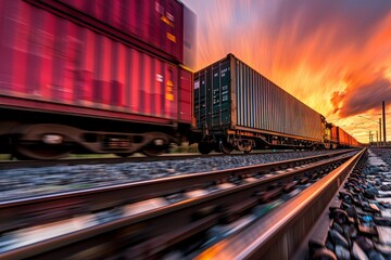 Freight Train in Motion Against a Stunning Sunset