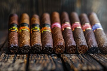 Assorted Cigars on Wooden Background, High-Angle Close-Up