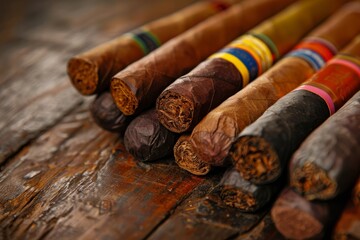 Variety of Premium Cigars on Rustic Table, Detailed Close-Up