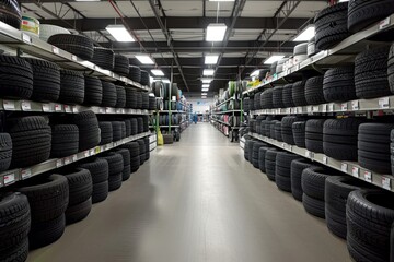 Empty Tire Store Showing Organized Shelves and Quiet Ambience - obrazy, fototapety, plakaty