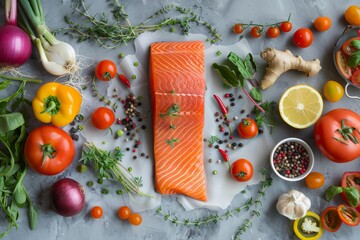 Organic Salmon Fillet Amidst Colorful Veggies on Textured Surface