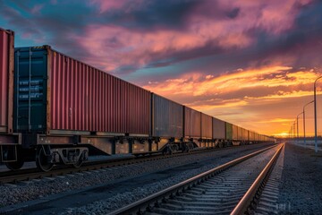 Fototapeta na wymiar Sunset Over Freight Train in Rural Landscape, Side View