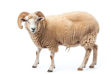 Fototapeta premium Portrait full body shot of male sheep or ram standing in front of white background. eid adha sacrificed animal in muslim belief.