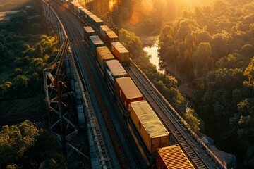 Freight Train Carrying Containers at Dusk, Overhead View