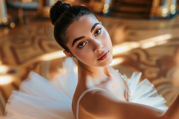 Portrait of a beautiful dancer in a white ballet dress posing in the interior
