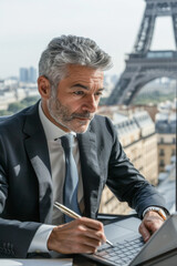 Mature businessman working on laptop in front of Eiffel tower
