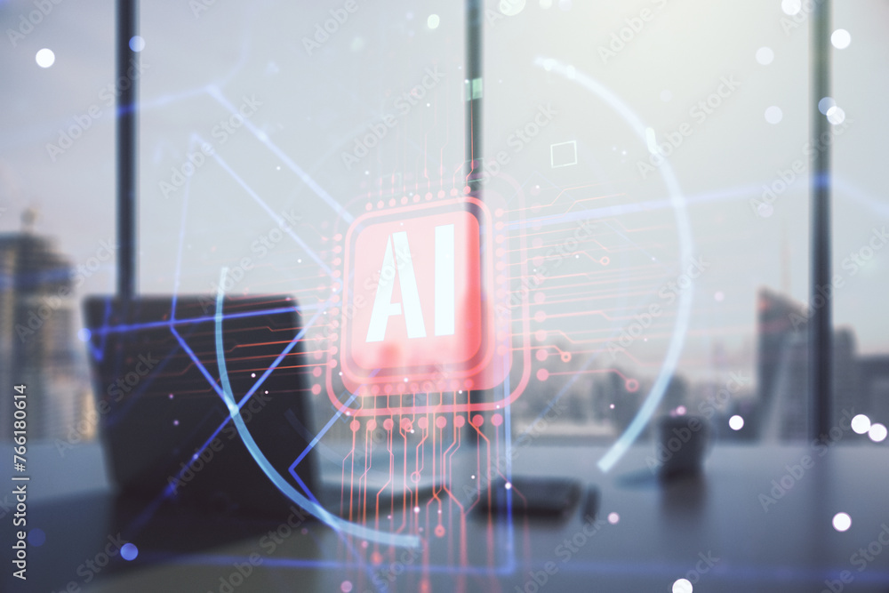 Leinwandbilder double exposure of creative artificial intelligence abbreviation and modern desk with computer on ba