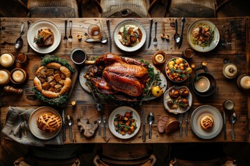 Rustic Family Dinner: Overhead View of Festive Table Setting