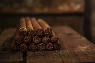 Premium Hand-Rolled Cigars Arranged on Rustic Wooden Surface
