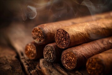 Elegant Cigars on Dark Wood Table, Close-Up View