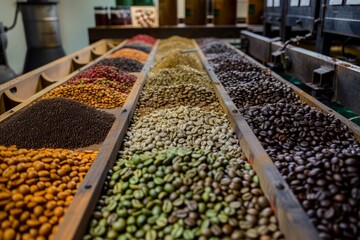 Detailed View of Coffee Beans Through Roasting Phases on Dark Backdrop