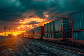 Fototapeta premium Sunset Over Rail Freight with Shipping Containers