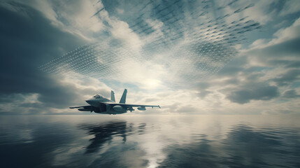 an army jet is in the sky over a calm ocean - obrazy, fototapety, plakaty
