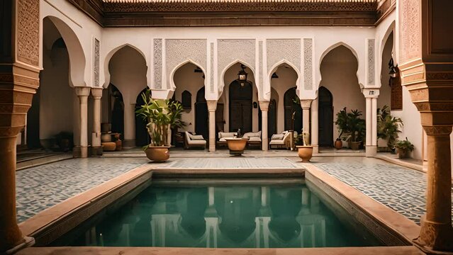 A beautiful Moroccan courtyard with a pool
