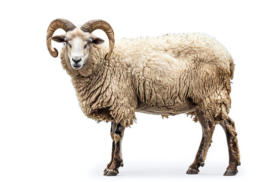Portrait full body shot of male sheep or ram standing in front of white background. eid adha sacrificed animal in muslim belief.