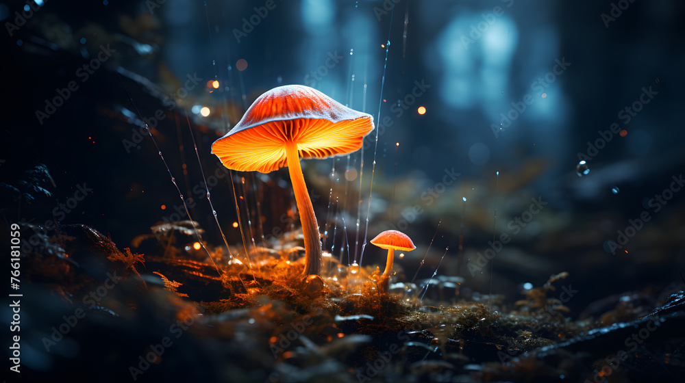 Poster an image of a lucid, glow in the dark mushroom in the forest