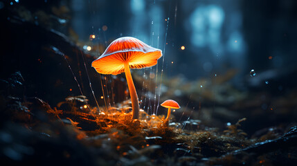 an image of a lucid, glow in the dark mushroom in the forest - obrazy, fototapety, plakaty