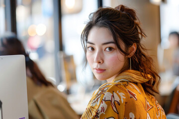 Portrait of a beautiful young Asian woman sitting in a coffee shop
