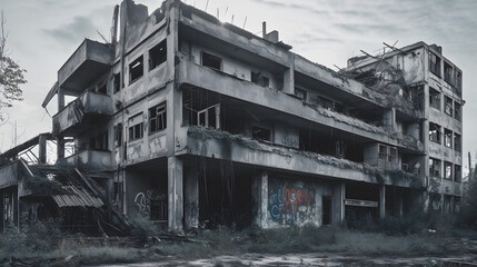 an old, derelict and deconstructed building outside the city in soviet union