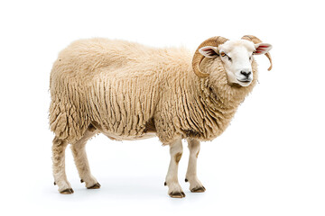 Portrait full body shot of male sheep or ram standing in front of white background. eid adha...