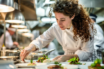 Portrait of a female chef preparing food in a restaurant kitchen.
