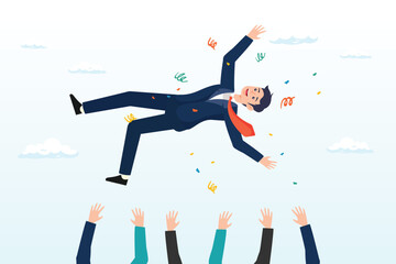 Joyful company colleagues throwing their happy boss into the air celebrating team success, job promotion celebration, winning prize, success in work or goal achievement congratulation party (Vector) - obrazy, fototapety, plakaty