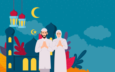 Simple flat cartoon illustration of a couple dressed in traditional Muslim costumes, warmly greetings against the backdrop of a mosque and vibrant colors