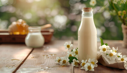 Obraz na płótnie Canvas Bottle with milk and honey on table