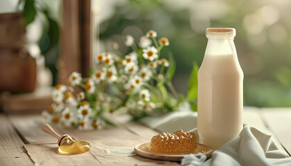 Bottle with milk and honey on table - obrazy, fototapety, plakaty