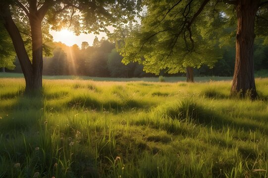 morning in the morning, As the sun begins its descent towards the horizon, casting a warm golden glow across the landscape, you find yourself in a peaceful meadow that seems straight out of a painting