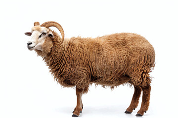 Portrait full body shot of sheep or ram sitting in front of white background. eid adha sacrificed animal in muslim belief.