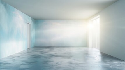 An empty space with a shady floor, in the style of light silver and light blue, blurred landscapes, minimalist still life, sunrays shine upon it. - obrazy, fototapety, plakaty