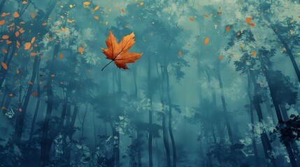 Fototapeta na wymiar Solitary Autumn Leaf Adrift in the Misty Forest Canopy,Impressionistic Nature Metaphor for Financial Decline