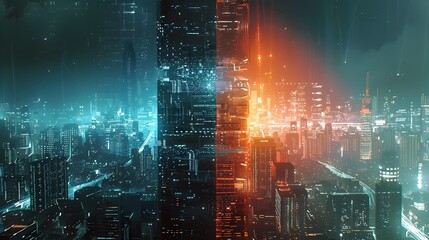 Cyberpunk Cityscape:Divided Digital-Analog World in Futuristic Metropolis