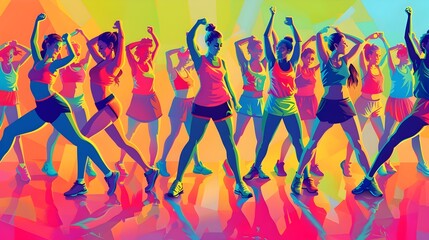 Fototapeta na wymiar Energetic Aerobics Class with Vibrant Rhythmic Dance Movements in Lively Neon Tones