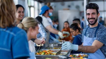 Volunteers Serving Warm Meals to Diverse Group at Community Kitchen