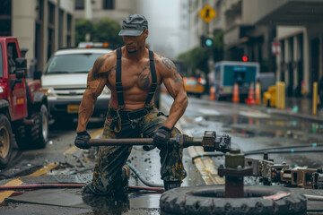 A muscular plumber working on a city street, fixing a public water line.