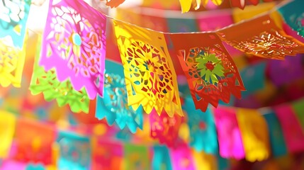Fototapeta na wymiar Vibrant and Colorful Mexican Fiesta with Intricate Paper Art Banners and Garlands