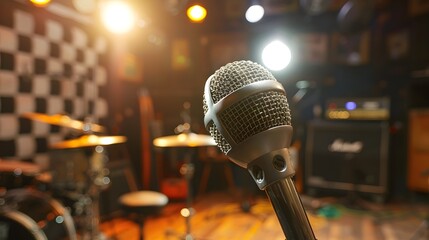 Vintage Microphone in Dimly Lit Live Music Venue Setting with Instruments and Equipment